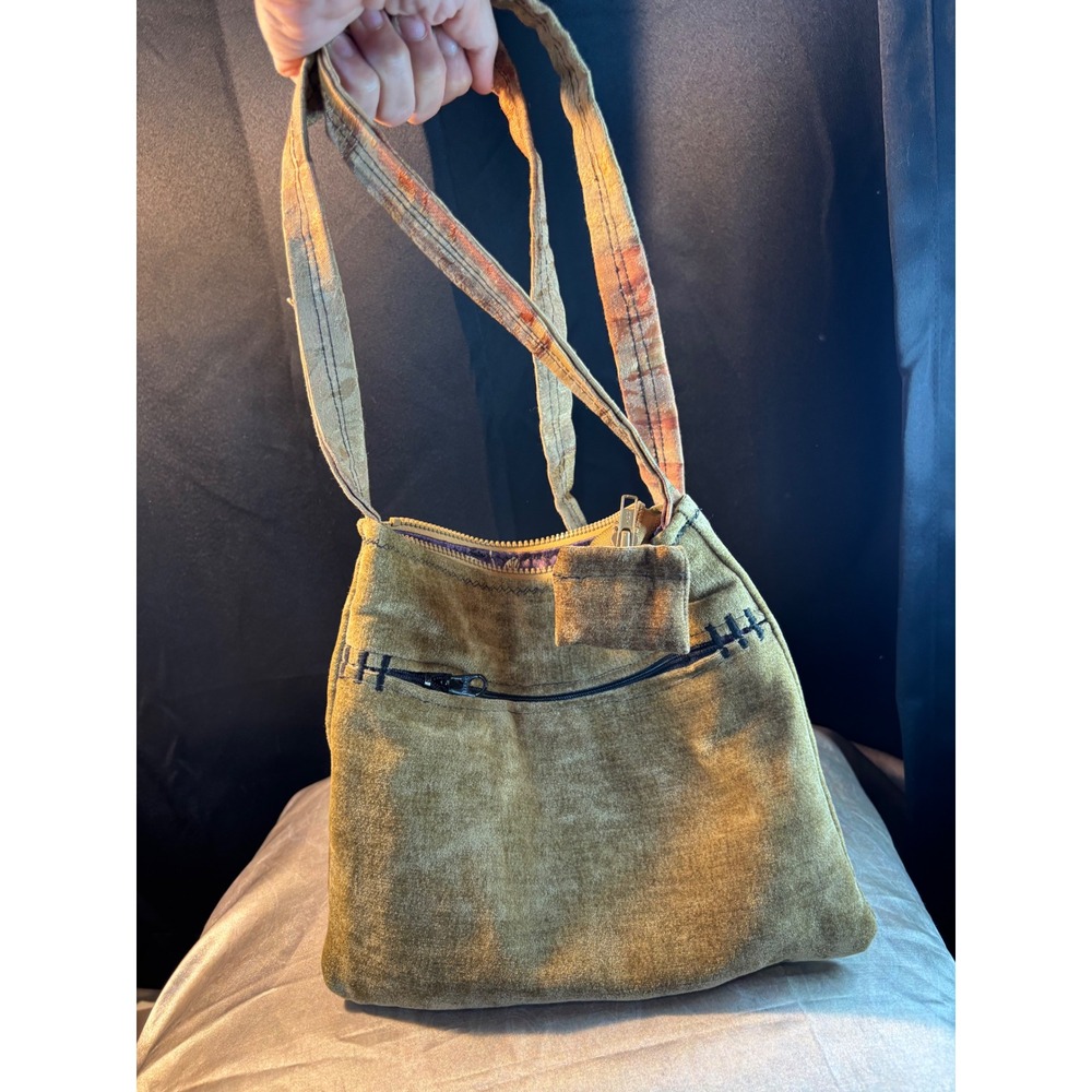 Handmade Olive Mustard Velvet Shoulder Bag Dragonfly Lining Boho Artisan